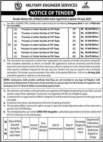 Military Engineer Services Tender Notice